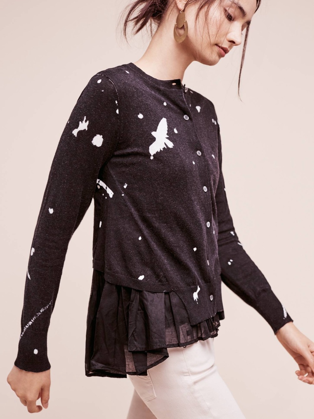 Yoshi kondo Paris shadowbird black cardigan ruffle splatter wool cotton chiffon